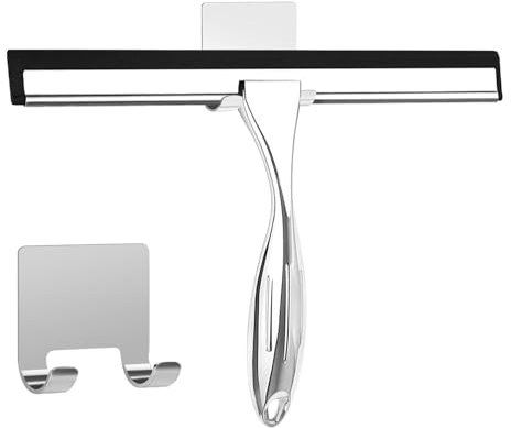 25.5CM Tergivetro Per Doccia In Acciaio Inossidabile con Gancio adesivo, Senza Perforazione, Tiracqua Vetro per Doccia in Silicone, Tiraacqua Vetri Doccia, Può Pulire Bagno, Piastrelle (Argento)