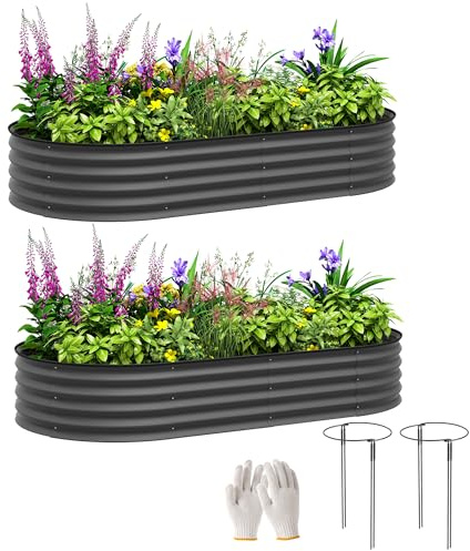 Outsunny Set of 2 Raised Beds for Garden, Outdoor Galvanised Planter Box with Plant Support Stakes, Rubber Strap Edging and Bottomless for Flower, Vegetable, 181 x 93 x 30 cm, Dark Grey