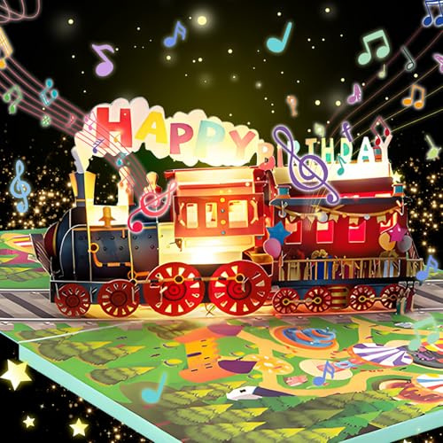Joycabin Carte d'anniversaire musicale avec lumière, Dinosaure 3D Pop-Up Joyeux anniversaire Carte chantante Anniversaire avec enveloppe pour garçons (Train avec musique et lumière)