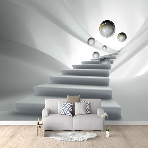 Light Gray Panoramic Custom Photo Wallpaper Wall Mural 138 x 101 inch (W x H), Modern Elegant 3D Stairs Photo Wallpaper 3D Effect - Poster Decoration for Bedroom Living Room Corridor