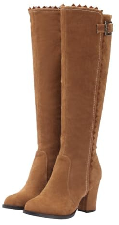 AKOOSY Botas Largas Cálidas de Tacón Alto Cremallera Lateral Botas de Mujer de Caña Alta en Color Marrón Claro para Otoño E Invierno y Cómodas Talla 40