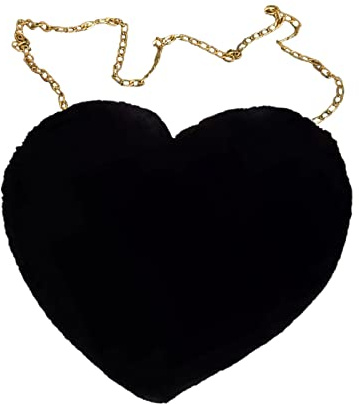 Generisch Borsa a tracolla da donna con catena in morbido peluche a forma di cuore come accessorio morbido per ragazze e donne, Nero , Taglia unica
