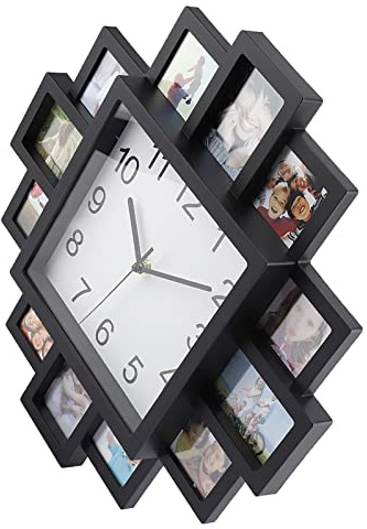 Phefop Reloj de Pared de Plástico 2 en 1, Material ABS, Decoración del Hogar Moderna Negra con Marcos de Fotos, 15,2 Pulgadas para Sala de Estar o Dormitorio