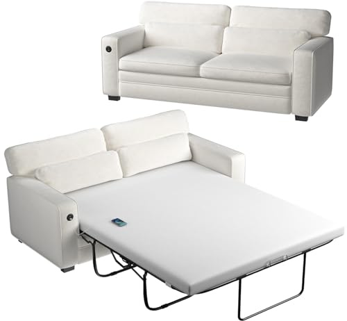 Marsail Pull Out Sofa Bed, Full Size Sleeper Sofa with Memory Foam Mattress, 2 USB Charging and Removable Covers, Loveseat for Living Room, Apartment, Supports 600 LBS, Chenille Fabric, White