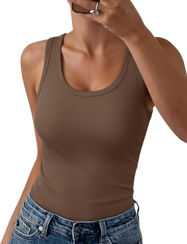 Fashora Camiseta Sin Mangas Mujer Verano Cuello en U Costilla Camisetas Tirantes Ajustado Elástico Sexy Tank Top Básica Sólido Casual Shirt (Marrón, M)