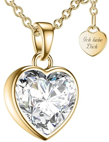 Herzkette Halskette Damen Gold (Silber 925 vergoldet) Kette mit Zirkonia Herz-Anhänger Ich liebe Dich (45-50cm) Schmuck Geschenke für Frauen Sie Freundin mit Gravur zum Jahrestag Liebesgeschenk