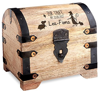 Casa Vivente Geldschatztruhe aus hellem Holz mit Gravur zur Taufe – Personalisiert mit Namen und Datum – Spardose als Taufgeschenk
