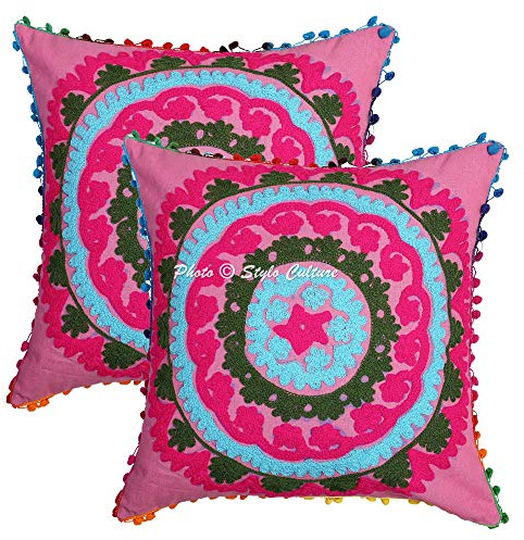 Stylo Culture Indio Fundas De Cojines Decorativos 40x40 cm Algodón Floral Fundas Almohadones Silla Rosa 16x16 Inch Pompón Bordado Suzani Cuadrado Cremallera Fundas Cojines Sofa - 2 Pcs