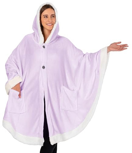 PAVILIA Hooded Blanket Poncho, Women Fleece Shawl Wrap with Hood, Wearable Blanket Cozy Warm Poncho Cape Throw with Pockets, Gift for Elderly Mom, Lavender Purple