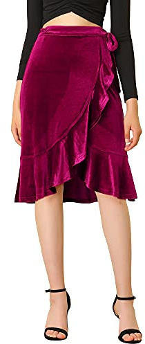 Allegra K Femme Jupe Velours Volants Ourlet Asymétrique Taille Nouée | Fermeture Latérale Dissimulée Polyvalente pour Usage Quotidien Courses Réunions Week-end Dos Ouvert