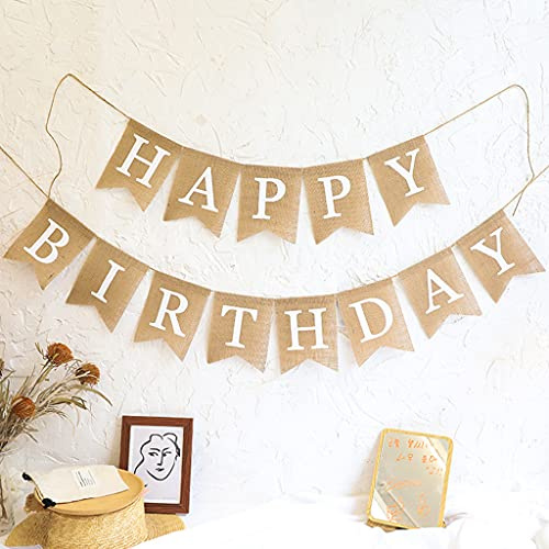 Happy Birthday Ghirlanda in lino per compleanno, striscione di lino, bianca, decorazione per compleanno, striscione di lino, per bambini e bambine, in lino