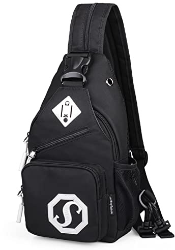 VARLIVOO Mode Femme Sling Bag avec Prise Casque Sacs à Bandoulière pour Femme Sac de Poitrine Crossbody Bag Voyager Randonnée Sport Sling Sac à Dos Imperméable Polyester Noir