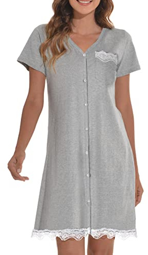 UMIPUBO Camicia da Notte Donna Estivo Manica Corta Cotone Pigiama Scollo a V Vestito da Notte con Bottoni Pizzo Comoda Casual Camici Notte Vestaglia Pigiami per Casa(Grigio, M)