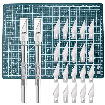 2 cuchillos de corte de precisión con 20 cuchillas de repuesto y alfombrilla de corte A4, cortador de cúter, bisturí modelismo para bricolaje