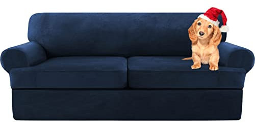 Sofa Cover,T Cushion Sofa Cover Velvet Non-Slip T Cushion 1/2/3 Seater Couch Cover with Individual T Cushion Seat Cover with Elastic Bands Furniture Slipcovers Protector (Navy Blue,X-2 Seat-3 pieces)