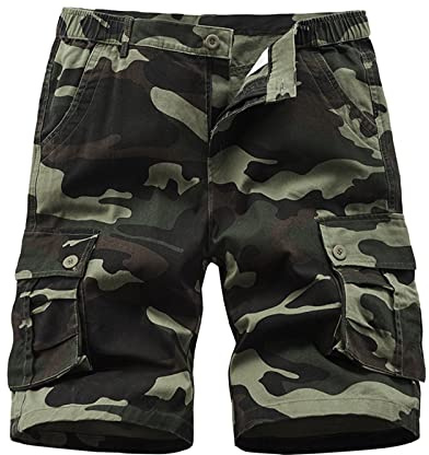 BWBIKE Short Camo Cargo Shorts de Travail Décontracté pour Hommes Shorts de Sport en Plein Air Camouflage Classique Shorts de Combat en Coton avec Multi-Poches, Vert Armée, L