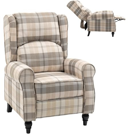 HOMCOM Wingback Recliner Armchair for Living Room, Pushback Reclining Chair with Round Armrests, Footrest and Rubber Wood Legs, Khaki