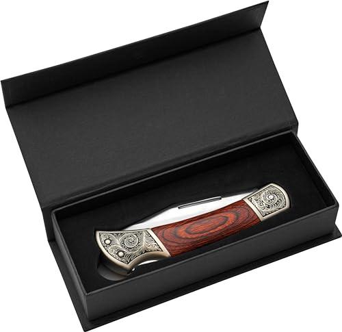 AUSONIA - 26582 CUCHILLO DE BOLSILLO CM 22 CON MANGO DECORADO CON INSERTOS DE MADERA Y HOJA 8,5 CM EN CAJA DE REGALO