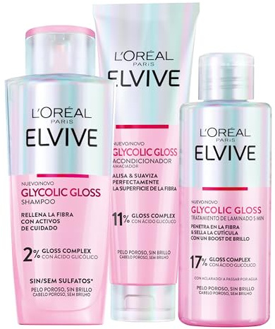 L'Oréal Paris Pack ELVIVE Glycolic Gloss Champú sin sulfatos y Acondicionador y Tratamiento en 5 minutos con Ácido Glicólico para Todo Tipo de Pelo