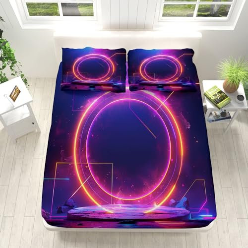 Fantasy-Geometrie-Weltraum-Stern-Planet Design Spannbettlaken 140x200cm Weiche Mikrofaser Boxspringbett Bettlaken, Spannbetttuch, Rund-um Elastischem Gummizug, für Matratzen von 5-30 cm