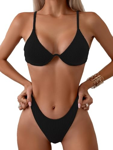 Fanuerg Women Underwire Triangle Bikini Spaghetti Strap Push Up Swimsuit Cheeky Two Piece Bathing Suit Black S