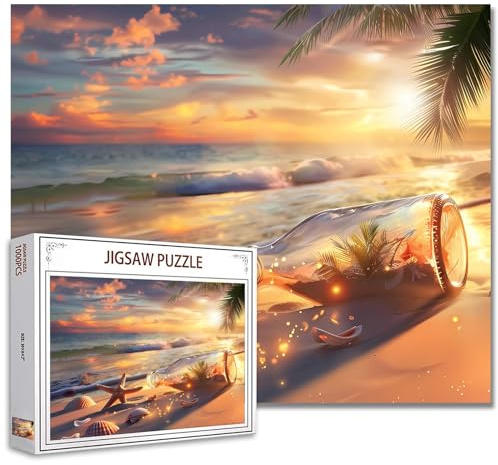 Tucocoo Puzzle für Erwachsene, Motiv: Sonnenuntergang, Strandlandschaft, 1000 Teile, Meeresflasche, Seestern, Kunst-Puzzle, 50 x 70 cm, Bunte DIY-Puzzles für Heimdekoration, Familienpuzzle