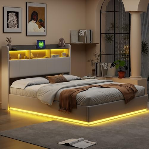 Letto Matrimoniale 160 X 200 cm, Letti Matrimoniali Con Contenitore, Letto Imbottito Con 4 Cassetti, Testiera Con LED E Ricarica USB, Struttura Lettos Con Sollevamento Idraulico E Rete a Doghe