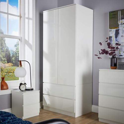 Home Source 2 Door Wardrobe, High Gloss Front Spacious Closet Organiser, Bedroom Dresser Storage Cabinet, 2 Drawer, White
