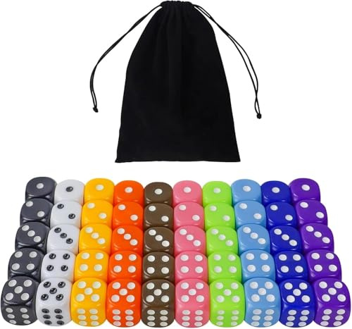 QUTHZZHY 50 Pezzi Dadi Colorati, Cubi Colorati 16 mm, 6 Facce Cubi con Tasche da Taschino, Dado da Gioco in Acrilico, Dadi da Gioco per Giochi di Carte da Tavolo, per Lezioni di Matematica, 10 Colori