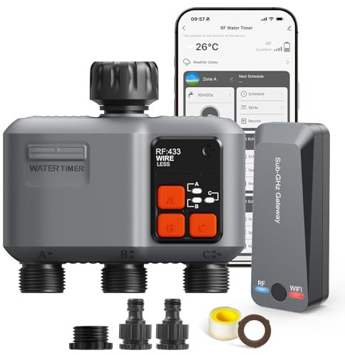 johgee Smart WiFi Water Timer 3 zone for Irrigation with 984 Feet RF Gateway, 3 Outlet Remote Control Sprinkler Hose Timer for Garden Hose, Rain Delay,WiFi Irrigation Sprinkler Controller for Garden