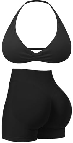 Workout Sets for Women 2 Piece Strappy Halter Sports Bra Scrunch Butt Shorts Gym Sets Yoga Outfits Seamless Tracksuit