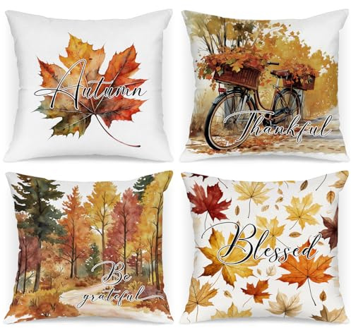 Benjia Lot de 4 pièces Housses de Coussin Déco Automne 45x45 cm, Aquarelle Vélo forêt Feuille d'érable Taies d'oreiller pour Ferme Thanksgiving Halloween Literie Sarcelle 45 x 45 cm