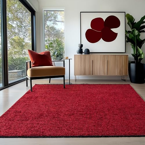 HomebyHome Baumwolle Chenille Teppich Rot 140x200 cm Waschbar, Boho-Stil, Vintage Kelim, Kurzflor, rutschfest & Weich, Einfarbig Meliert, Für Wohnzimmer, Schlafzimmer, Büro & Küche