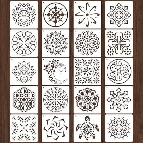20 Pcs 4x4'' Mandala Stencils for Painting on Wood, Floor, Wall, Tile Fabric, Reusable Furniture Stencils Painting Template Mandala Template for DIY Rock Art Projects Decoration