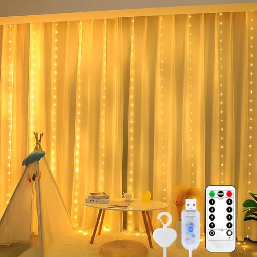 Rideau lumineux à 200 LED, blanc chaud, 3 m x 2 m, 8 modes, guirlande lumineuse LED avec 10 crochets, télécommande, minuterie, luminosité réglable pour l'intérieur et l'extérieur, décoration de fête