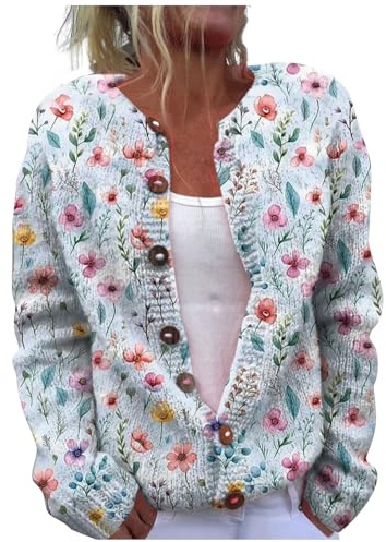 Thin Cardigan,Ladies Cardigans for Women UK Womens Casual Single Plush Art Floral Print Knitted Autumu Winter Jumper Long Sleeve Button Down Lightweight Sweater Jackets
