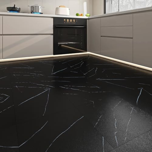 ReWallpaper Vinylgolv självhäftande marmor svart PVC golvbeläggning självhäftande kakeloptik linoleum golv badrum kök 30 x 30 dekorativ marmor golvplattor svart matt vardagsrum 3 st