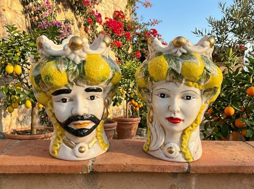 Mondocreazioni Coppia teste di moro regina e re in ceramica decorata stile siciliano vasi moderni gic (LIMONI, 14 X 13 X 18 CM)