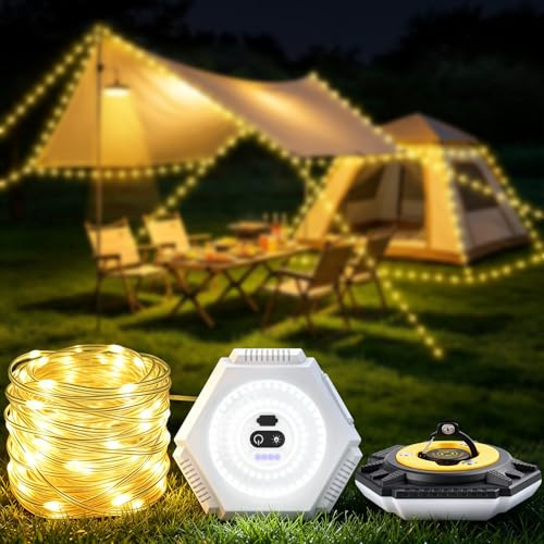 GAEEP Camping String Lights, 10M Retractable Fairy Lights with 7 Lighting Modes, USB Rechargeable 2-in-1 Camping Lantern and String Lights, Waterproof Tent Lights for Camping, Garden, Party