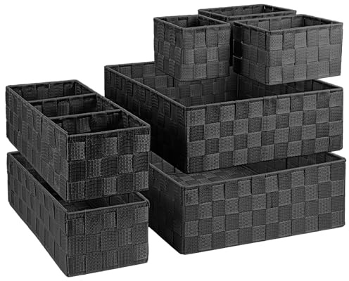 7 Pack Woven Storage Baskets Set, Cube Boxes Divider Drawer Organisers Bins | Shallow Storage Bin, Handmade Small Drawer Basket for Shelves Kitchen Office Bathroom Dresser Desk Closet Pantry, Black