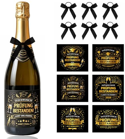 AHEJIOO 12 Stücke Bestandene Prüfung Geschenk Set, Flaschenetiketten Mit Schleifen, Edle Schwarz-Goldene Deko Für Abitur 2026 Geschenke, Passend Als Bachelor Geschenk Für Wein Und Sekt
