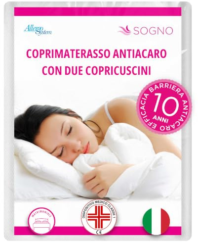 Allergosystem Set Coprimaterasso Antiacaro Matrimoniale con Cerniera 160x190cm e 2 Federe Cuscino Letto 50x80cm - Dispositivo Medico Antiacaro e Anallergico MADE IN ITALY - Linea Sogno