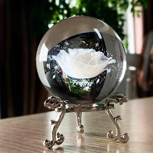 HDCRYSTALGIFTS Briefbeschwerer, 60 mm, 3D-Innenschnitzerei, Rosenblüte, Kristallkugel, mit Ständer, Fengshui, Heimdekoration
