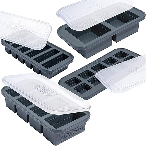 Souper Cubes Moldes de silicona para congelador, juego de regalo con 2 cucharadas, 1/2, 1 y 2 tazas de bandejas de silicona para congelador con tapas, paquete de preparación de comidas y artículos