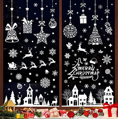 193 Pcs Christmas Window Stickers Cling, White Xmas Window Stickers Double Side Reusable for Christmas Decorations with Large Snowflake Reindeer Tree for Glass Decals Scene