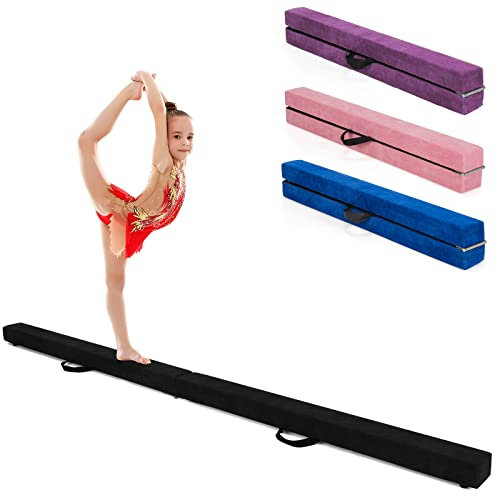 COSTWAY Poutre de Gymnastique Pliable de 210 cm, Barre de Gymnastique au Sol Portable en Flannel Doux avec Poignées de Transport, pour Enfants, Gymnastes (Noir)