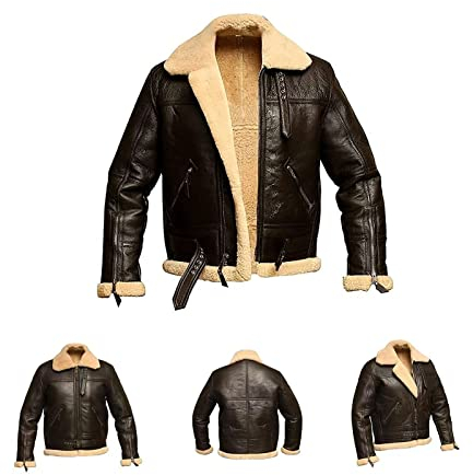GOZYLA Bomber-Lederjacken-Mantel for Männer, Flieger-Shearling-Pelzkragen, Schaffell-Revers Plus Dicke Leder-Winterjacke, Herren-Fliegerjacken-Mantel (Color : Dark Coffee Color, Size : M)