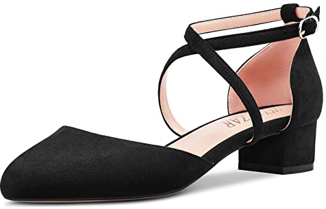 HEUIVZAR Femmes Talon Heel Escarpins Rond Bout Kitten Bas Chunky Bloc Talon Heel Cross Strappy Lanières Cheville Sandales Suède Dress Chaussures Noir 3.5 CM 39 EU
