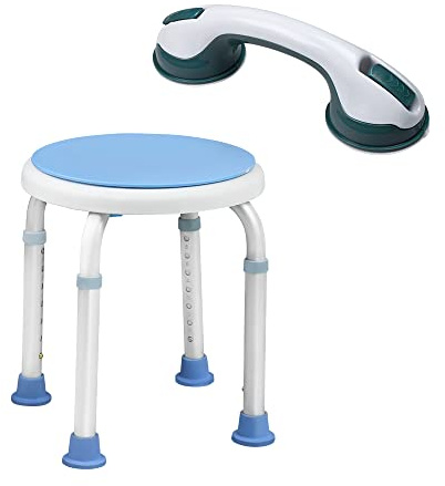Aufun Tabouret de douche avec poignée en aluminium et plastique, réglable en hauteur de 37 à 53 cm, chaise auxiliaire pivotante à 360 ° pour douche antidérapante