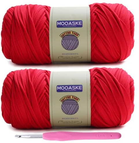 Mooaske 2-pack t-shirt virkat garn för gör-det-själv stickning virkat tyg filt väska dockor – 400 g tjockt garn för virkning med polyester-spandex blandning elastiskt tyg (röd)